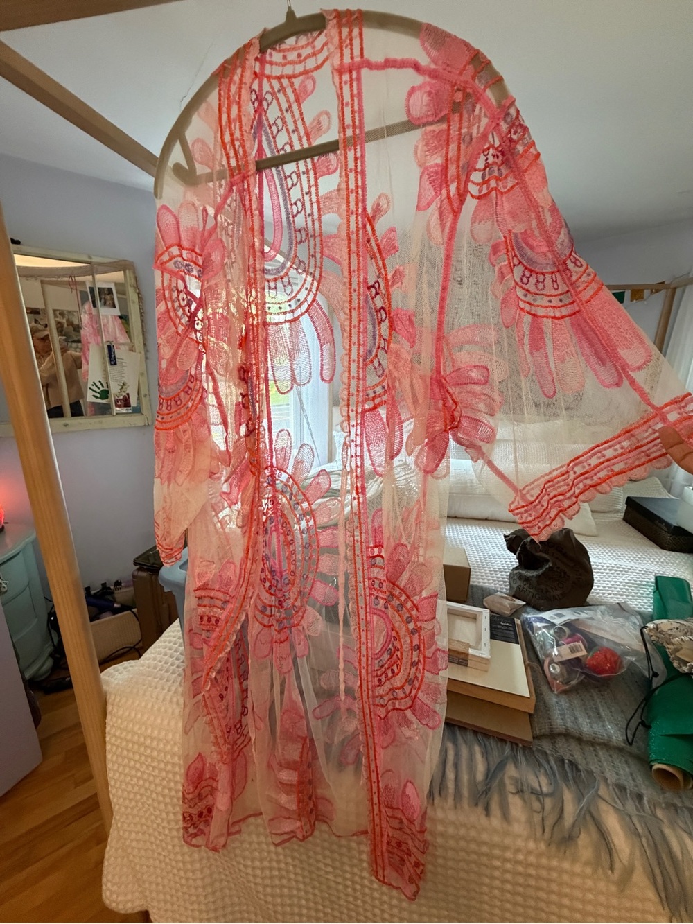 Sheer Pink Embroidered Duster Kimono